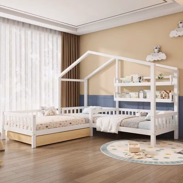 Letto a casetta per bambini WISHDOR a due livelli con cassetti, bianco, L/P/H: 200 x 90 x 178,5 cm