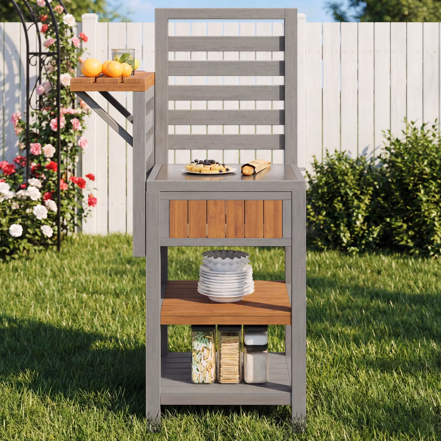 Armadietto da giardino Merax con piano di lavoro in acciaio inossidabile e doppio ripiano, tavolo da esterno resistente alle intemperie con vano portaoggetti, postazione barbecue per terrazza e giardino