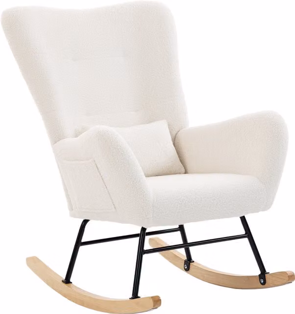 Poltrona a dondolo HOMCOM in tessuto bouclé con schienale alto e gambe in legno massiccio, colore crema/beige – 1