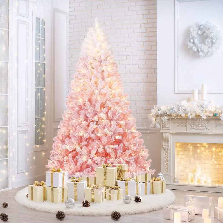 Albero di Natale artificiale, innevato, altezza 180 cm (6.0 piedi), con fusto denso simile a un abete/pino, dotato di luci LED e punte delle foglie innevate. Montaggio con sistema a cerniera, base in metallo