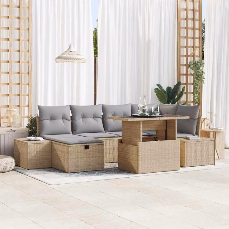 Maison Exclusive - Set da giardino composto da 7 pezzi, divano e poltrone, in rattan sintetico beige