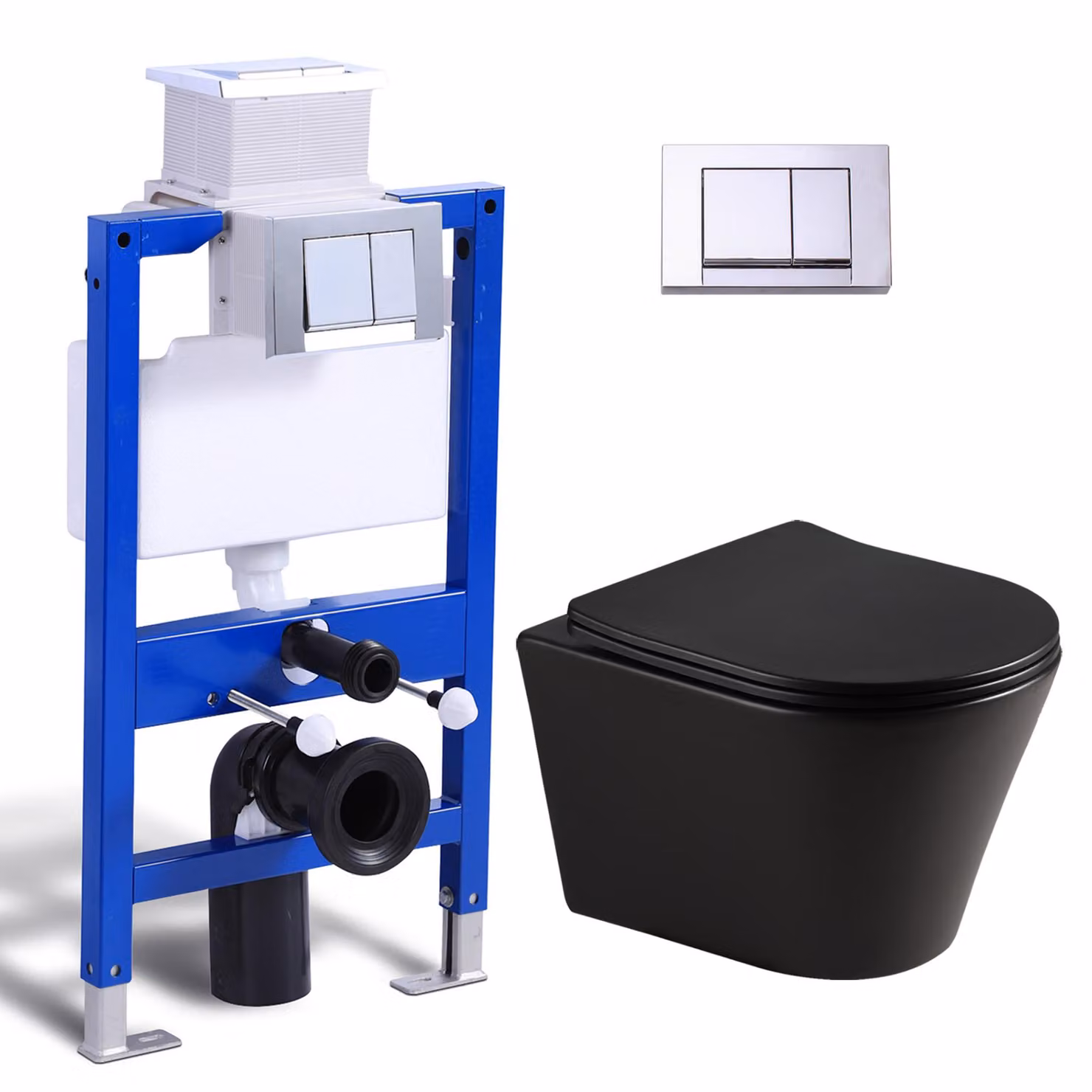 Set completo per WC a parete - cassetta di scarico da 82 cm + WC sospeso senza bordo nero + placca rettangolare cromata HOROW