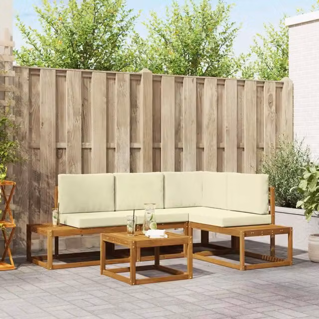 Set di divani da esterno-Sofa da giardino con cuscino 5 Pezzo Naturale e Crema