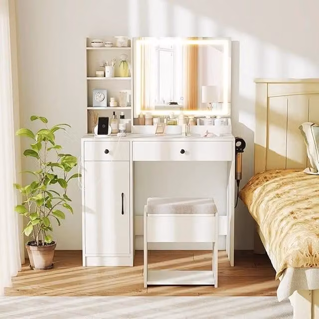 Set Tavolo da Toeletta con Sgabello con Contenitore e Luci LED Costway, Bianco, L: 90 cm, P: 40 cm, H: 135 cm
