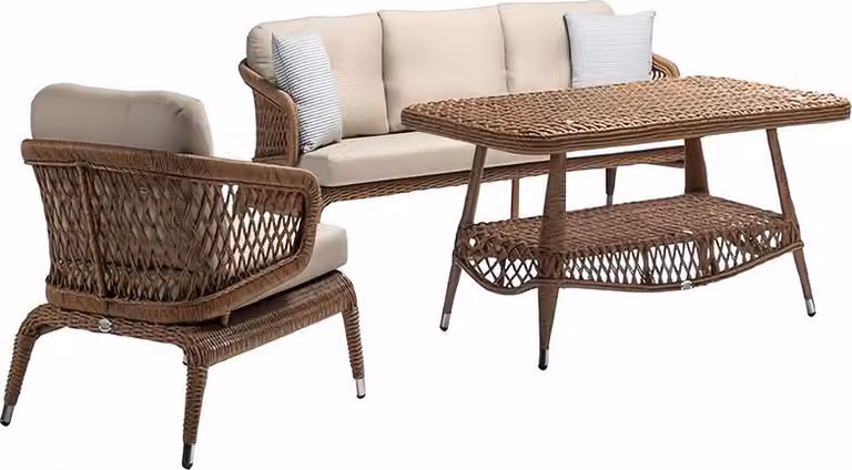 Robuste Garten Rattan Garnitur Couchtisch Gartenmöbel Braun Sessel Sofa 3 Sitzer