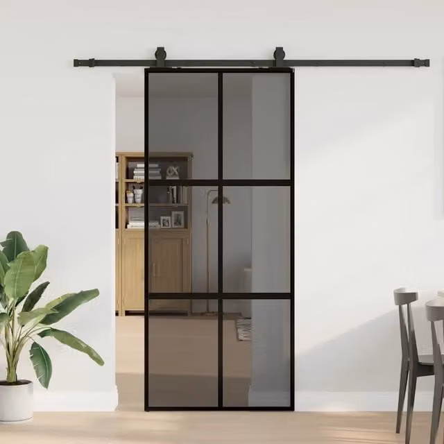 Porta Scorrevole Moderna vidaXL in Vetro Trasparente e Alluminio con Ferramenta Nera L: 90 cm, H: 205 cm