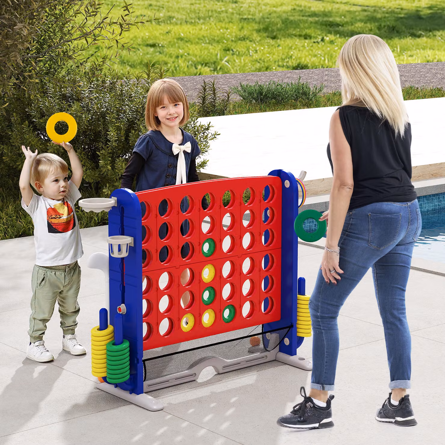 Costway Set di gioco 4 in fila jumbo con lancio anelli, canestro basket e golf, regolabile in altezza, multicolore