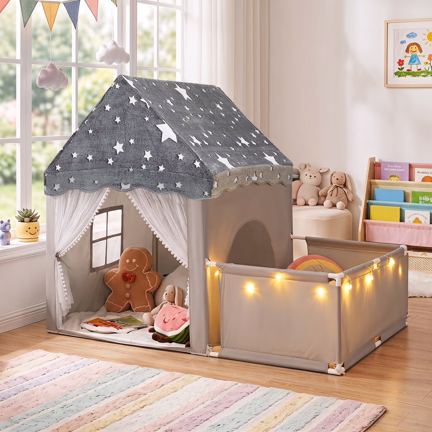 Costway Tenda da gioco 2 in 1 per bambini con recinto e luci a stelle, colore grigio