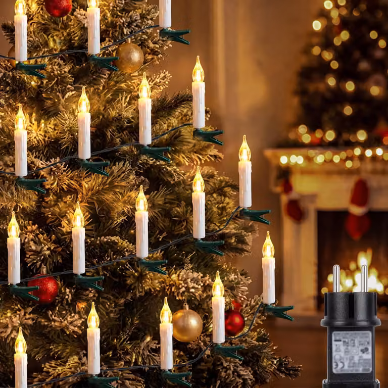 Catena luminosa a LED a forma di candele, 15 metri, con 30 luci bianche calde e timer