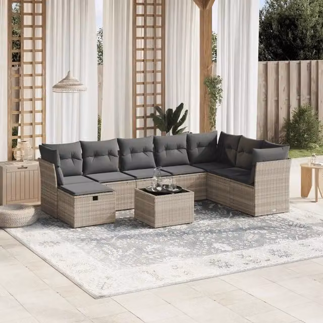 Set Divano da Giardino 9pz con Cuscini Grigio Chiaro Polyrattan 3263288