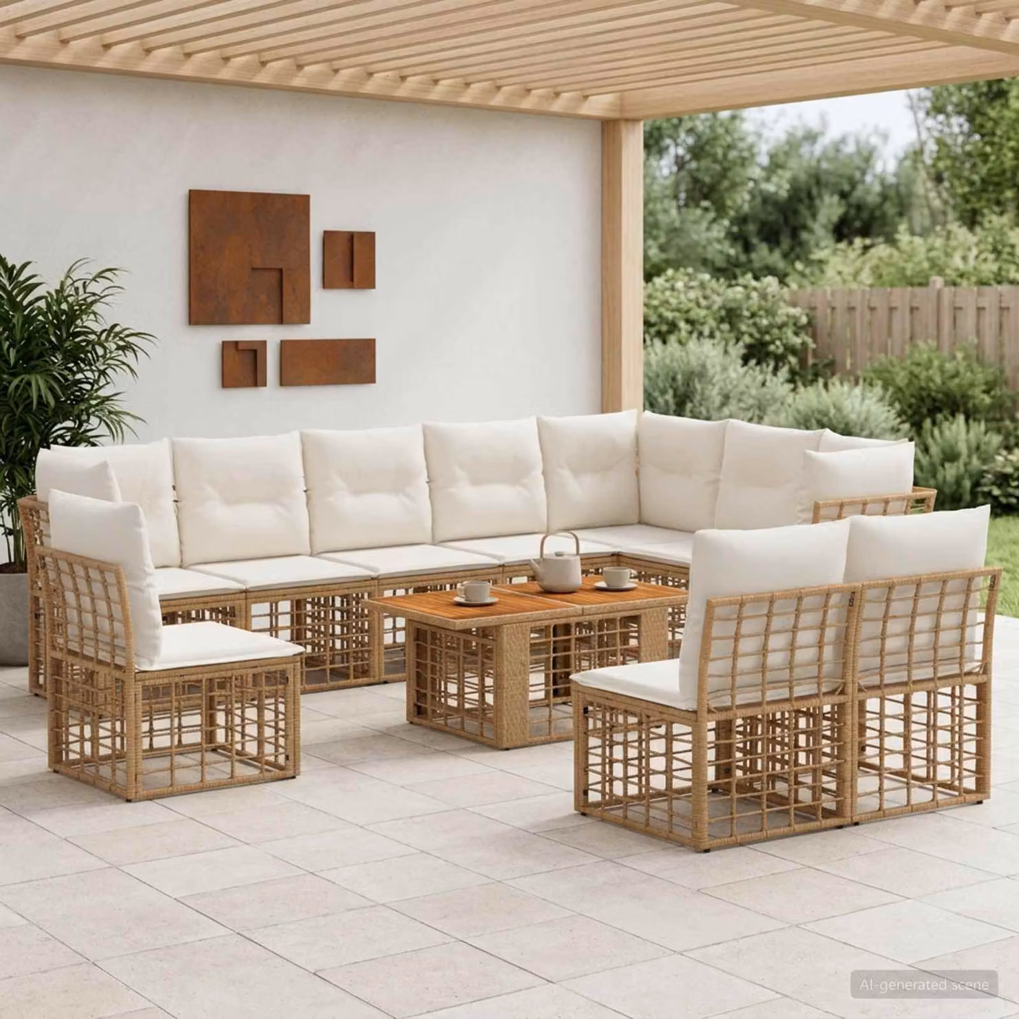 Set Divano da Giardino vidaXL 11 pz a forma a U in Polyrattan con Tavolino e Cuscini Beige e Bianco