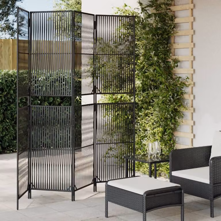 Divisorio per ambienti vidaXL a 4 pannelli in polyrattan nero con design geometrico moderno per soggiorno o ufficio H: 196 cm, L: 200 cm