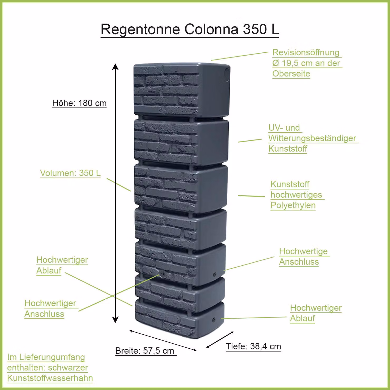 Colonnina rettangolare da 350 litri antracite con rubinetto