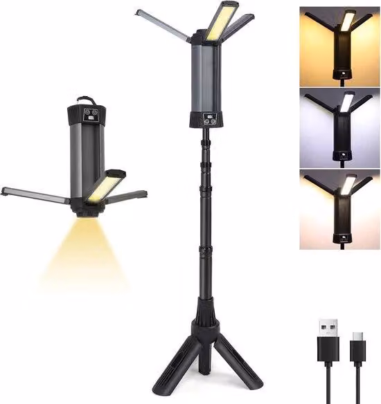 Lampada da lavoro a LED con stativo, 2000 lumen - 3000/6000K - 5 modalità, 3 livelli di luminosità - Alimentazione solare e tramite caricabatterie - Wireless