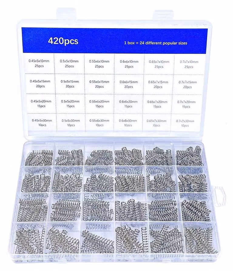 Set di molle a compressione, 420 pezzi, 24 dimensioni, da 10 a 30 mm, acciaio inossidabile, diametro 5-7 mm