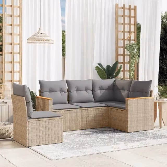 Set Divano da Giardino 5 pz con Cuscini-Sofa da Giardino-Divanetto da esterno Beige in Polyrattan 672119