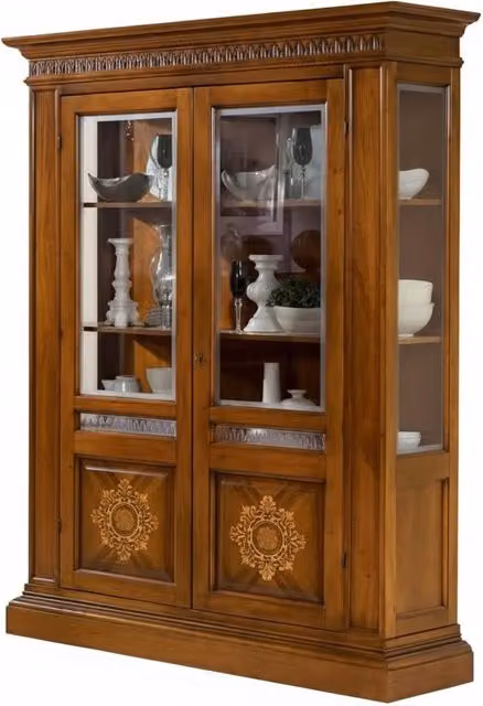 Vetrina in legno stile arte povera marrone con ante in vetro per soggiorno e cucina Mobili 2G L: 157 cm, P: 49 cm, H: 213 cm – 1