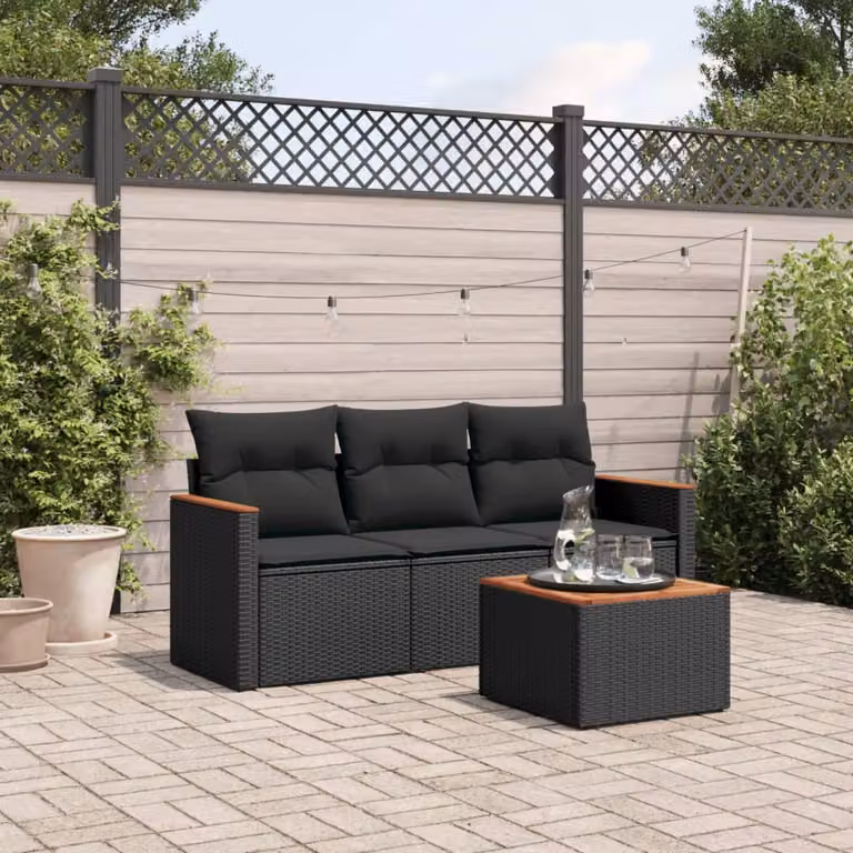 Set di divani da giardino vidaXL 4 pezzi in polyrattan nero con cuscini e tavolino da esterno