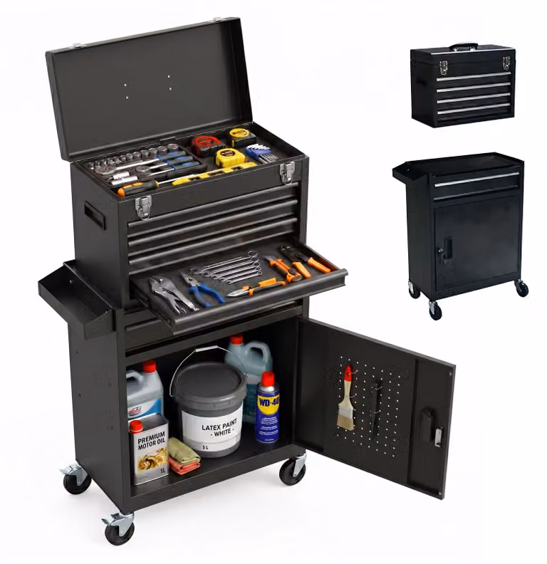 Carrello da officina Relaxdays, 5 cassetti, vano portaoggetti e ripiano superiore, con serratura, L x P x A: 104 x 59,5 x 28 cm, carrello su ruote, acciaio, nero
