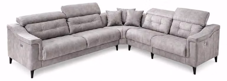 Divano in pelle grigio, elegante e di alta qualità. Divano angolare esclusivo a forma di L, imbottito