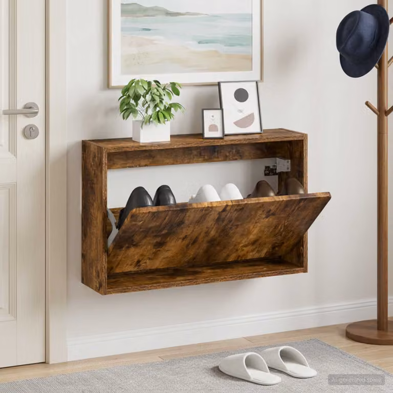 Mobiletto per scarpe da muro vidaXL ZWOLLE in Rovere Fumo, L: 71 cm, P: 17 cm, H: 43 cm