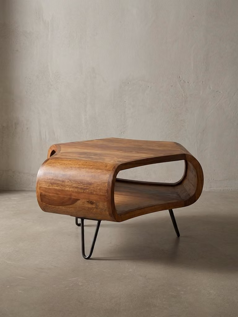 Tavolino WL5.603 in legno massello di sheesham 55 x 55 x 38 cm ripiano e struttura in metallo, tavolino da salotto retrò in legno massello marrone, tavolino da divano moderno in legno, tavolino con ripiano salotto