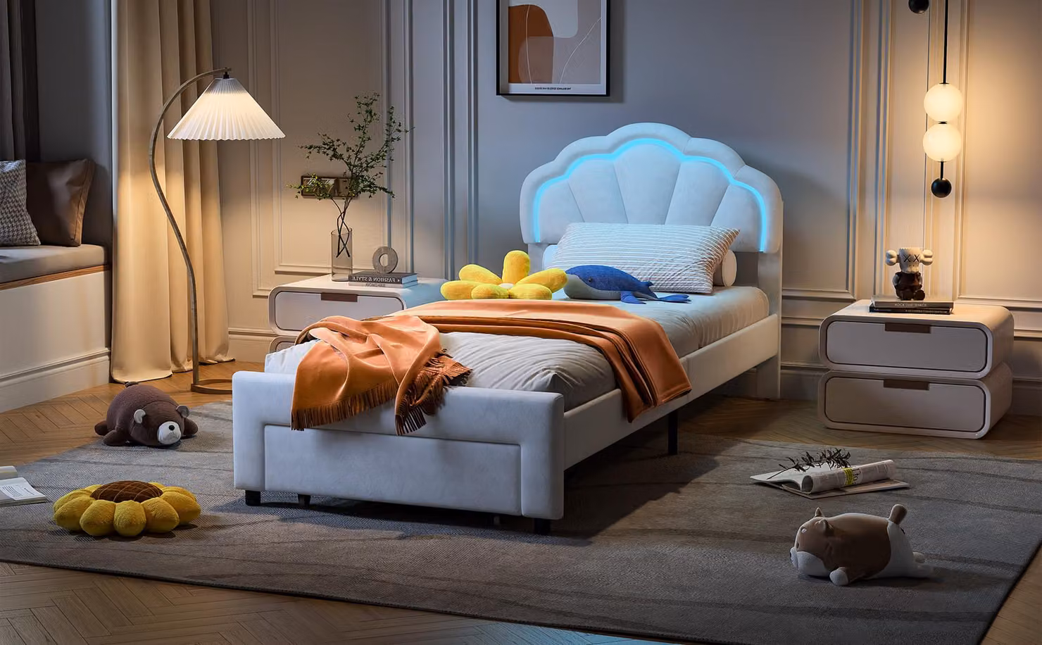 Letto floreale ProximaX 90×200 cm in bianco - Con testata a LED e cassetto alla pediera - Elegante design in velluto - Ideale per camere da letto o stanze per ragazzi