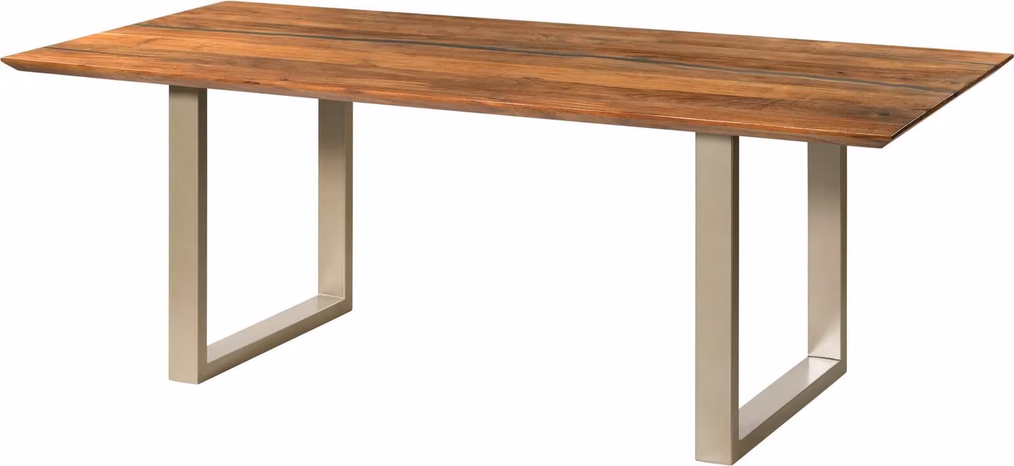 MASSIVMOEBEL24 | Tavolo da pranzo in legno di acacia e resina epossidica nera 260x100x76 laccato natur / gambe a U argento matt EPOXY