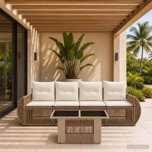Set Divano da Giardino 5 Pezzi vidaXL in Polyrattan Beige e Bianco con Cuscini e Tavolino da Esterno – 1