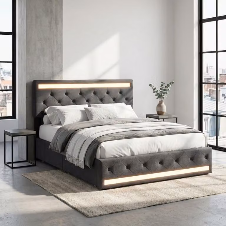 Letto matrimoniale ProximaX 140x200 cm in lino grigio, letto imbottito con LED RGB, 4 cassetti, funzione di ricarica USB