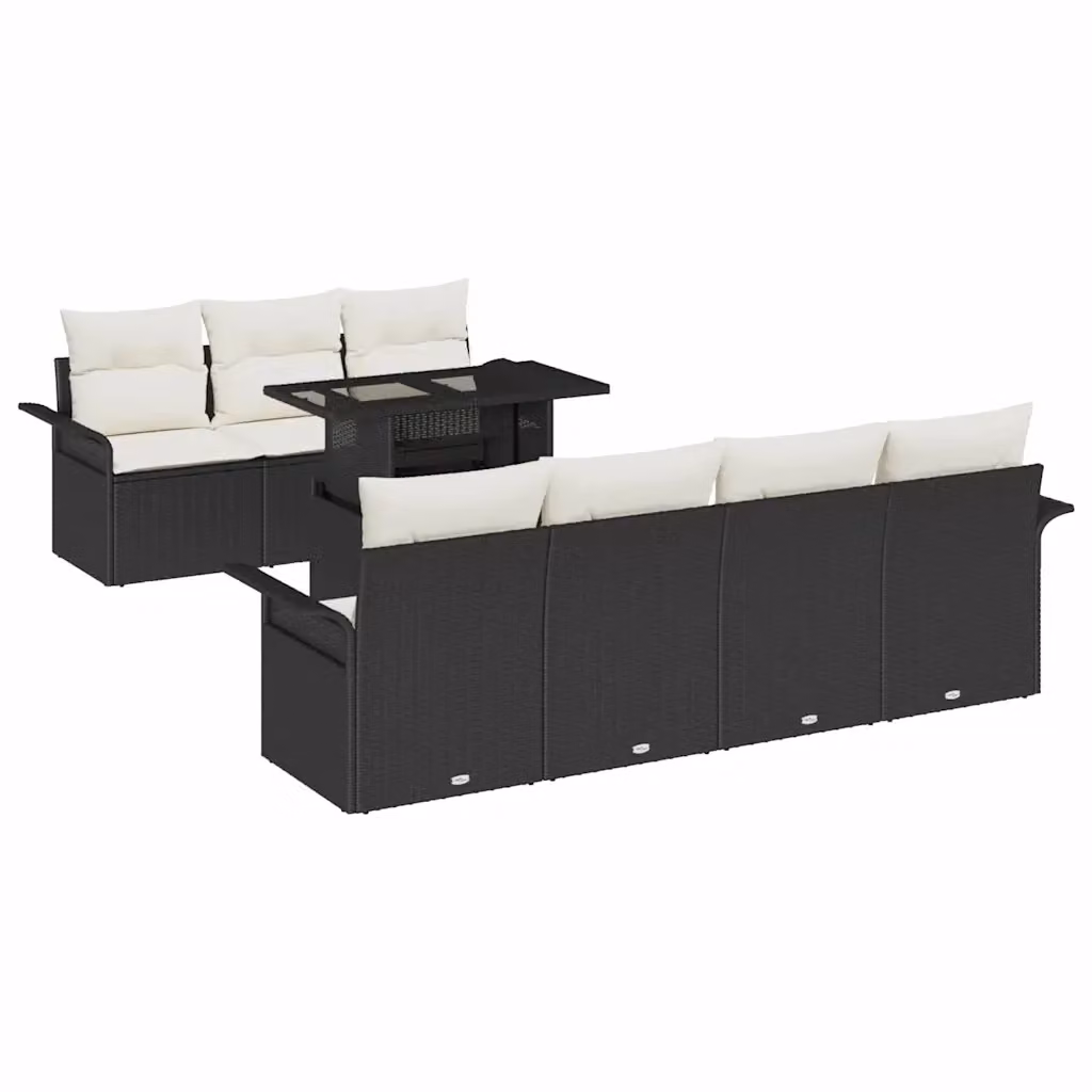 Set Divano da Giardino a L vidaXL 8 Pezzi con Cuscini e Tavolino in Vetro, Nero e Beige – 2