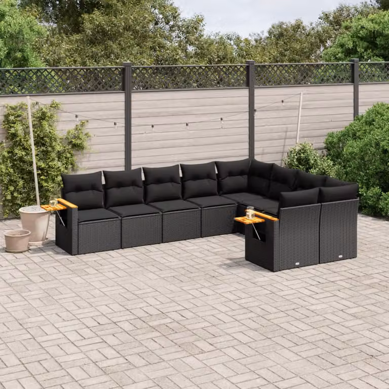 vidaXL Set Divani da Giardino 9 pz in Polyrattan Nero con Cuscini e Tavolino da Esterno