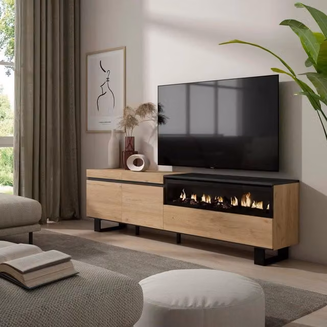 Mobile TV, 200x35x57cm, soggiorno, Per TV fino a 80", Camino elettrico, Design industriale, colore Rovere e nero RF2158