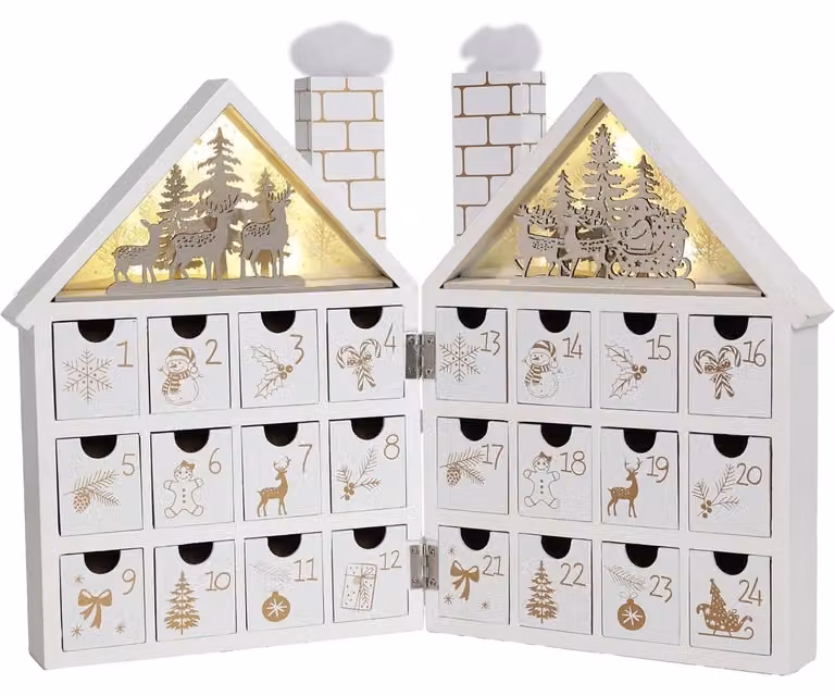 Calendario dell'Avvento a forma di casetta in legno, con 24 cassetti, illuminazione LED, motivo "bosco invernale", colore bianco