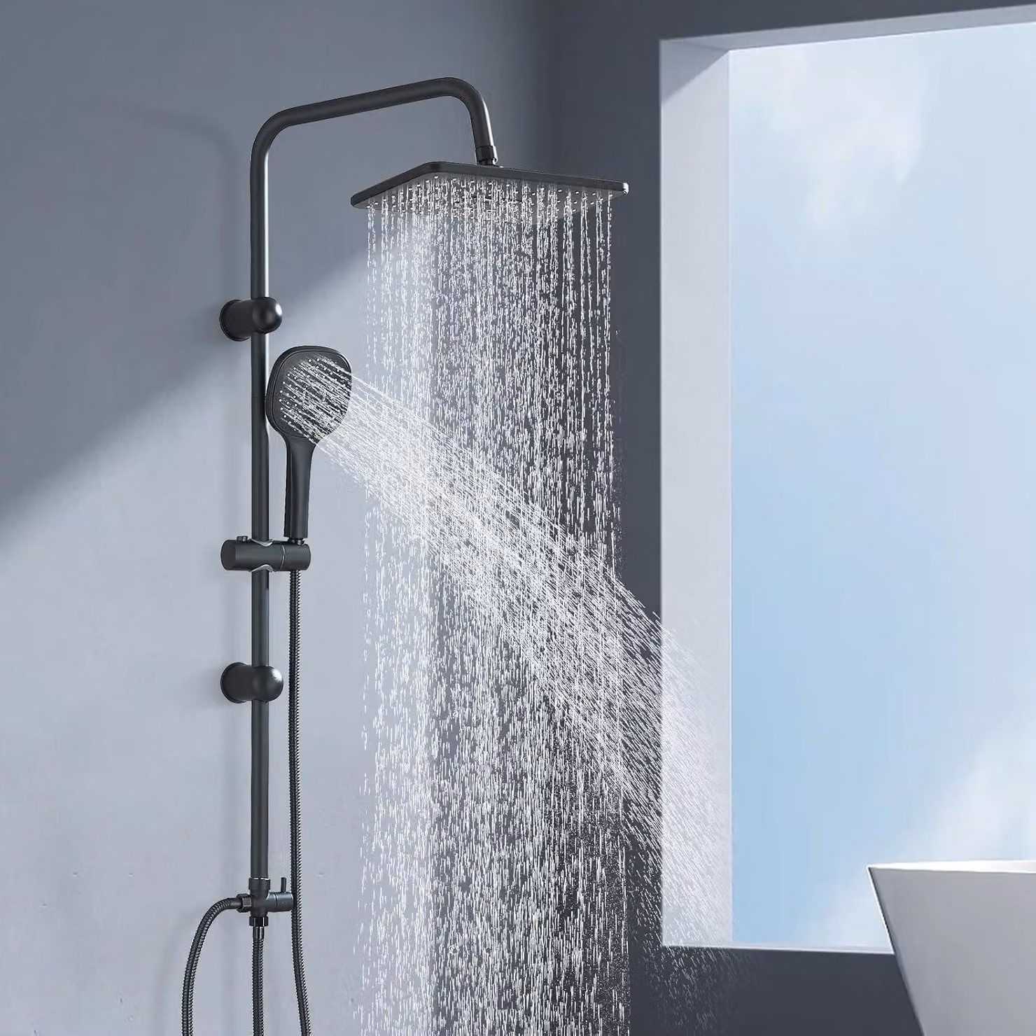 Set completo per sistema doccia: doccia a soffitto e doccetta manuale, colore nero, con 3 diverse modalità di getto