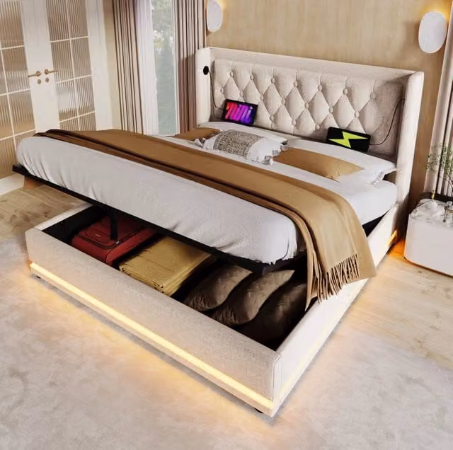 Letto matrimoniale contenitore ULEVR 160x200 cm con LED, USB e Type-C, testiera imbottita in cotone beige