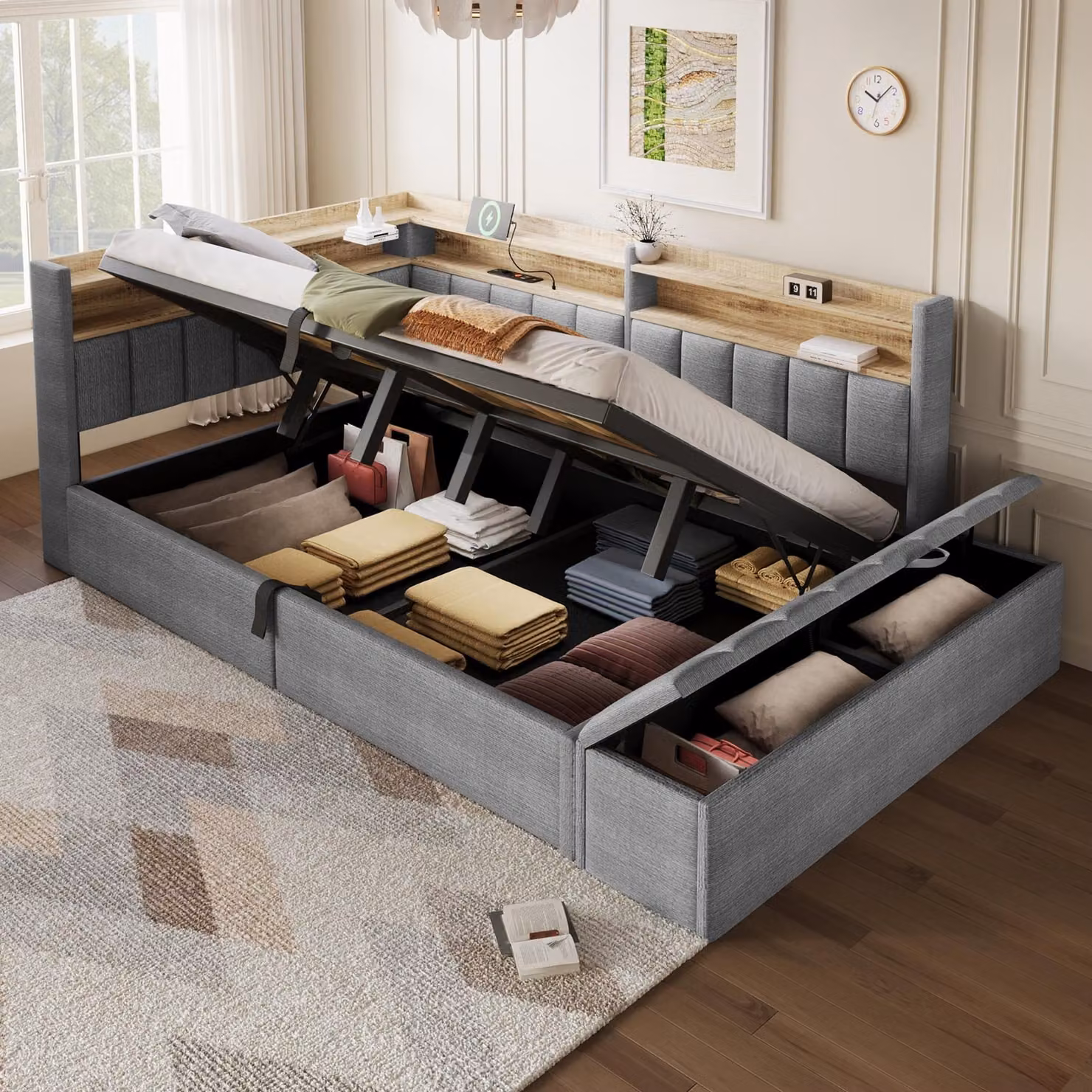 Divano letto Flieks 140x200 cm con poggiatesta, divano letto giornaliero con USB e LED, letto imbottito idraulico per ragazzi con spazio contenitivo, letto matrimoniale in velluto, grigio