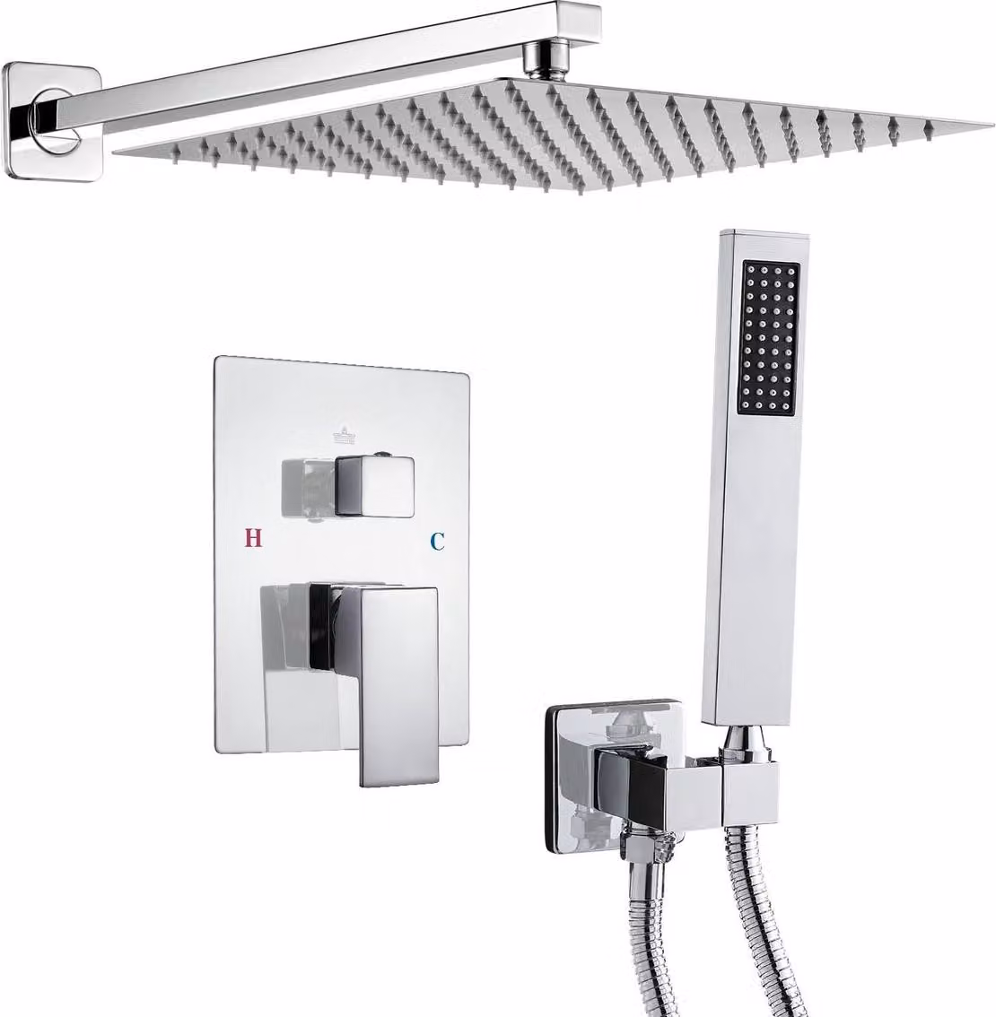 Set rubinetteria doccia con soffione quadrato da 30 cm e doccetta, cromato argento