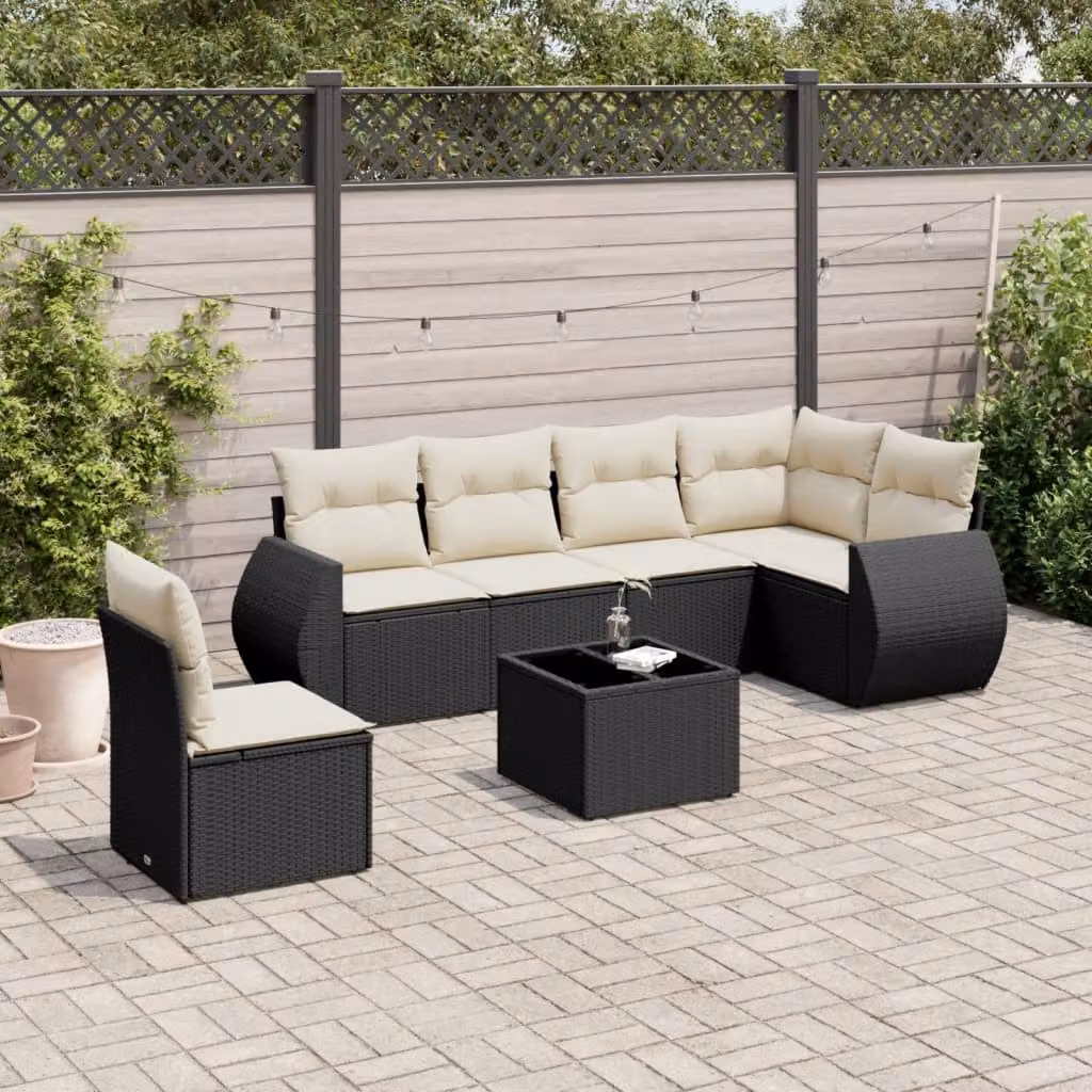 vidaXL Set Divano da Giardino a L con 7 Pezzi in Polyrattan Nero e Cuscini Imbottiti – 1
