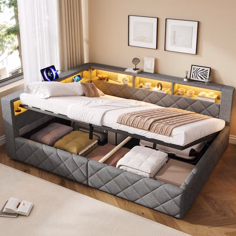 Divano letto Flieks 140x200 cm con porta USB e finiture in pelle, letto imbottito matrimoniale con spazio contenitore, divano letto da giorno con sistema idraulico e vani a giorno, colore: lino, grigio