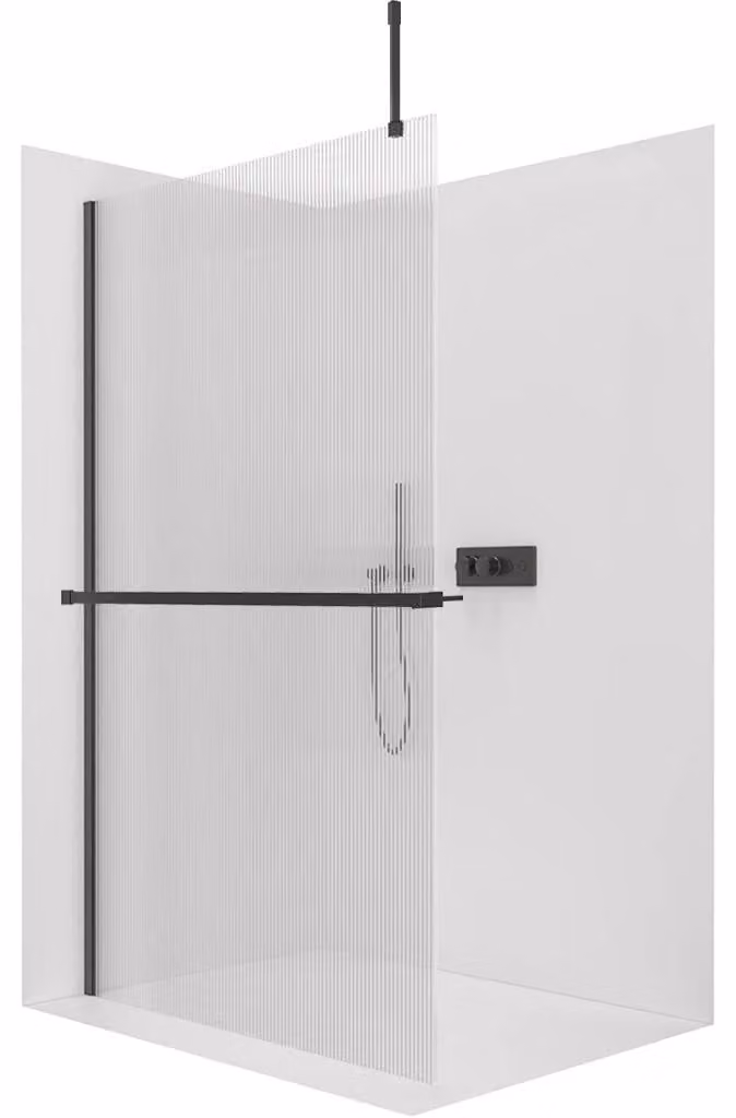 CERANO - Box doccia Walk-in Onyx Top Cube L/P - 8 mm - montante angolare + mensola/portasciugamani - nero opaco, vetro rigato - 150x200 cm
