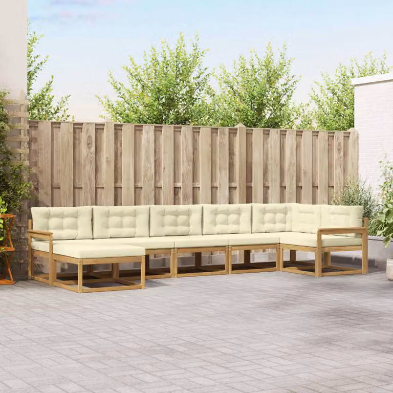 vidaXL Set di divani da esterno a L in legno di acacia con cuscini, Bianco, Beige e Marrone