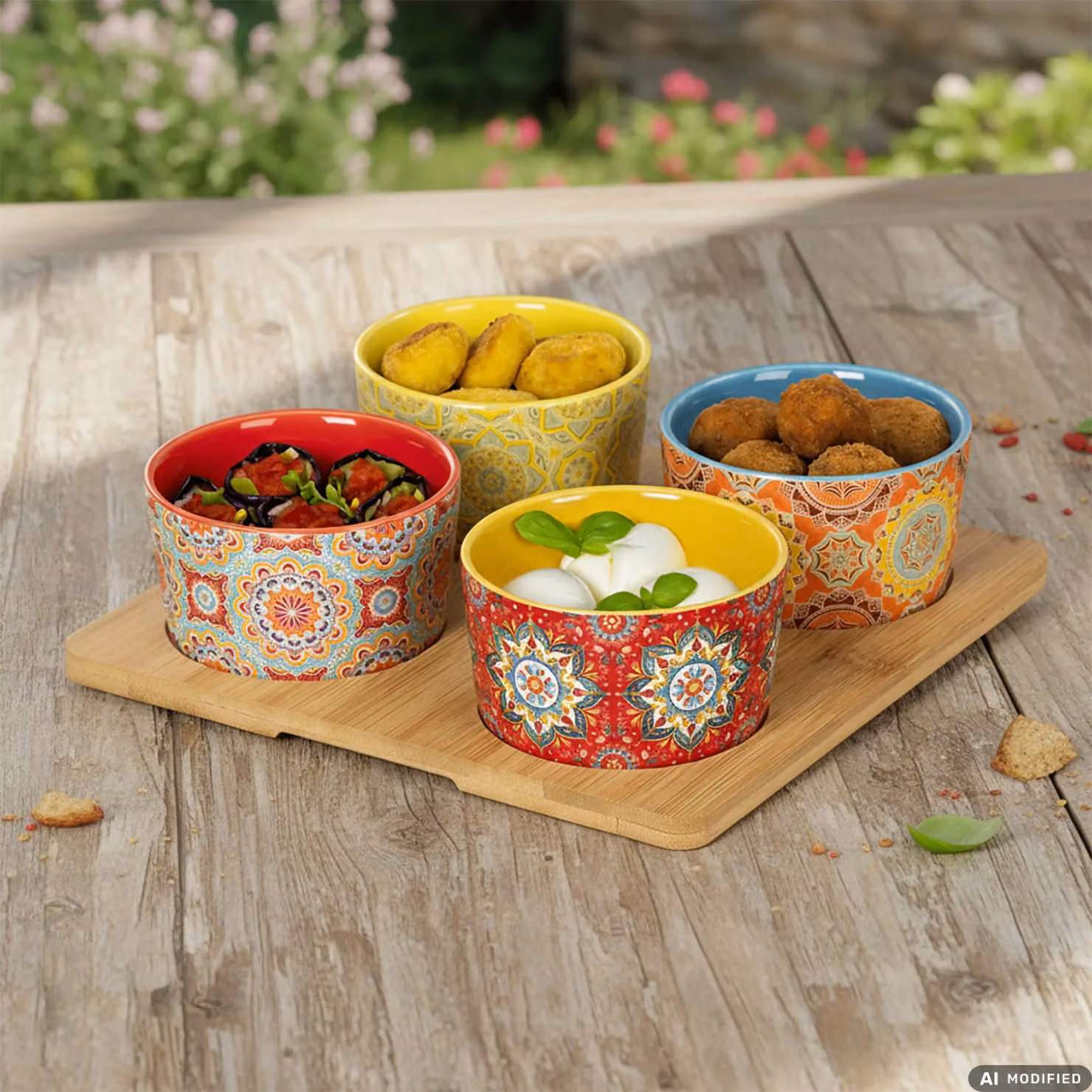 GUSTO CASA Set Antipastiere Linea Mandala in Stoneware con Vassoio in Bamboo, 5 Pezzi, Multicolore – 2