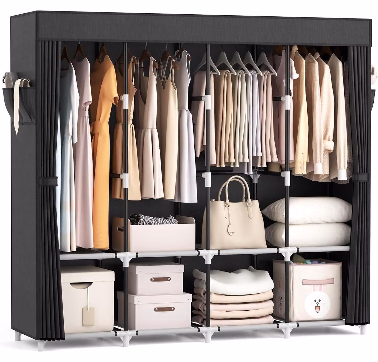 Armadio pieghevole in tessuto, dimensioni 170x45x167 cm, colore nero, con aste appendiabiti e ripiani