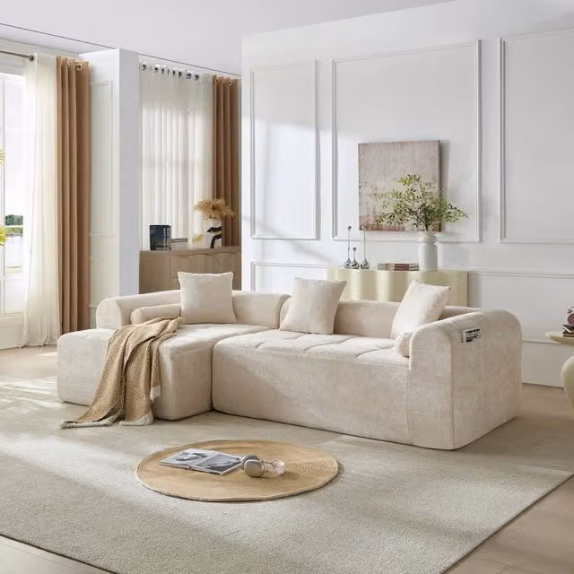 Divano con molle e schiuma ad alta densità in tessuto chenille beige