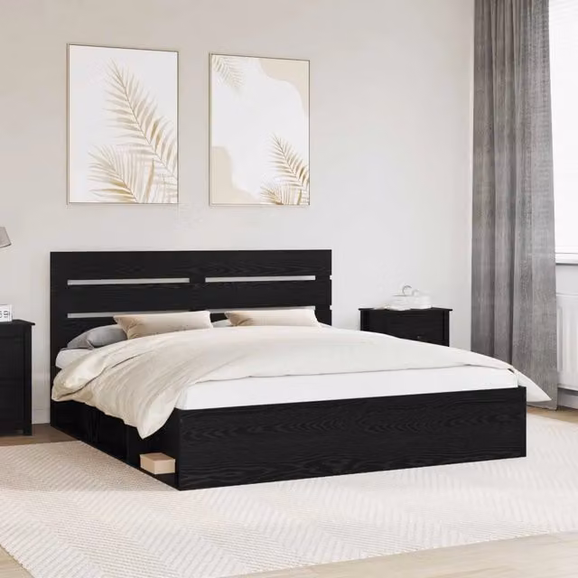 Struttura del letto-Giroletto Nero 200 x 200 cm Pino massello 624991