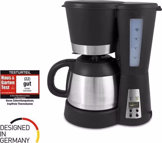 Macchina da caffè Suntec con caraffa termica, nera, con timer e spegnimento automatico