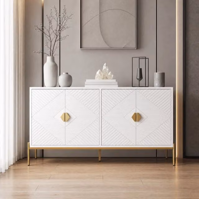Madia MIVRAY a 4 ante con motivo geometrico e gambe in metallo, bianca e oro, L: 162 cm, P: 40 cm, H: 80 cm