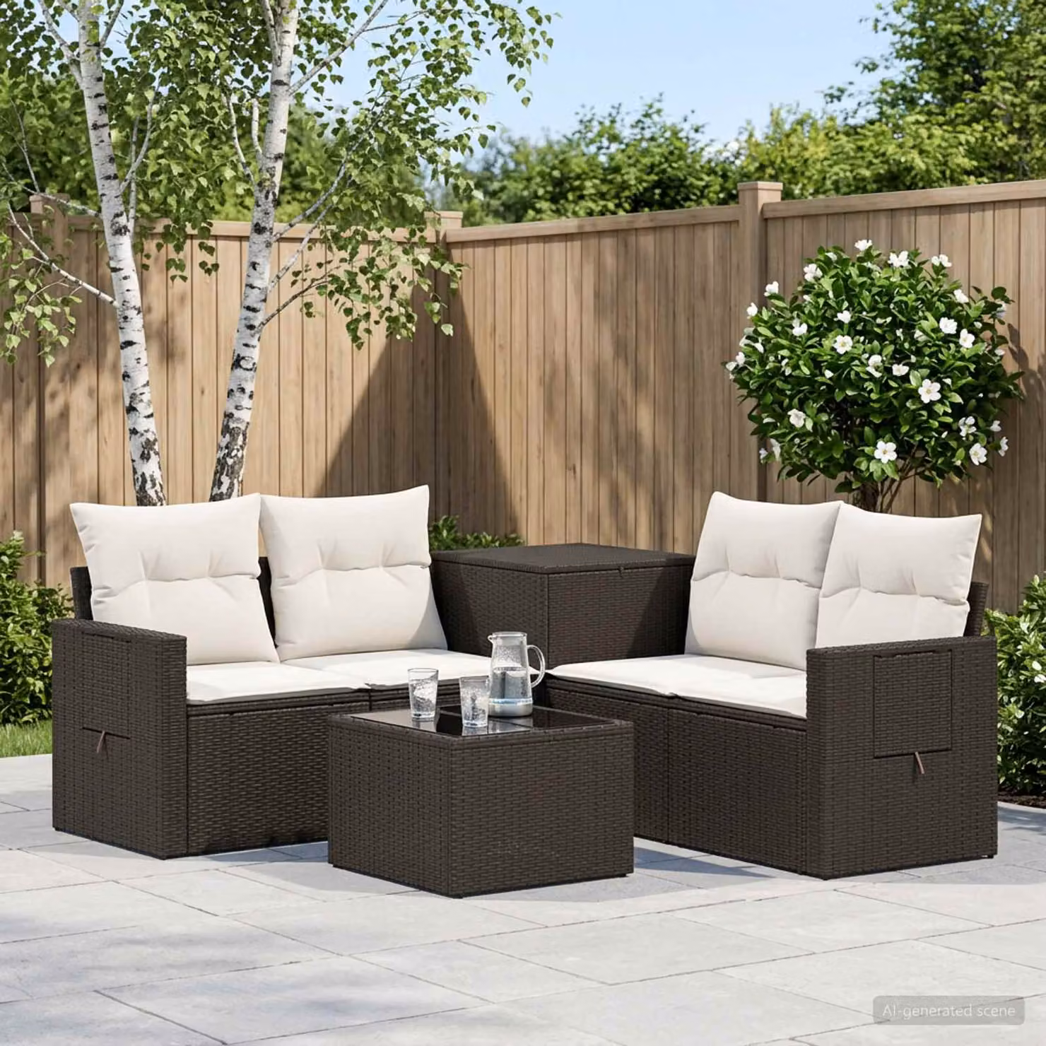 Set di divani da giardino vidaXL in polyrattan nero e bianco con tavolo da caffè e cuscini inclusi