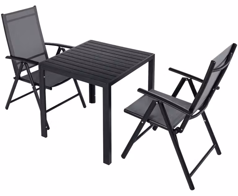 Set da giardino composto da 3 pezzi: gruppo sedute da esterno con tavolo, 2 sedie in tessuto Textilene, struttura in metallo di alluminio, ideale per terrazza, balcone o piscina, per 2 persone, completamente nere